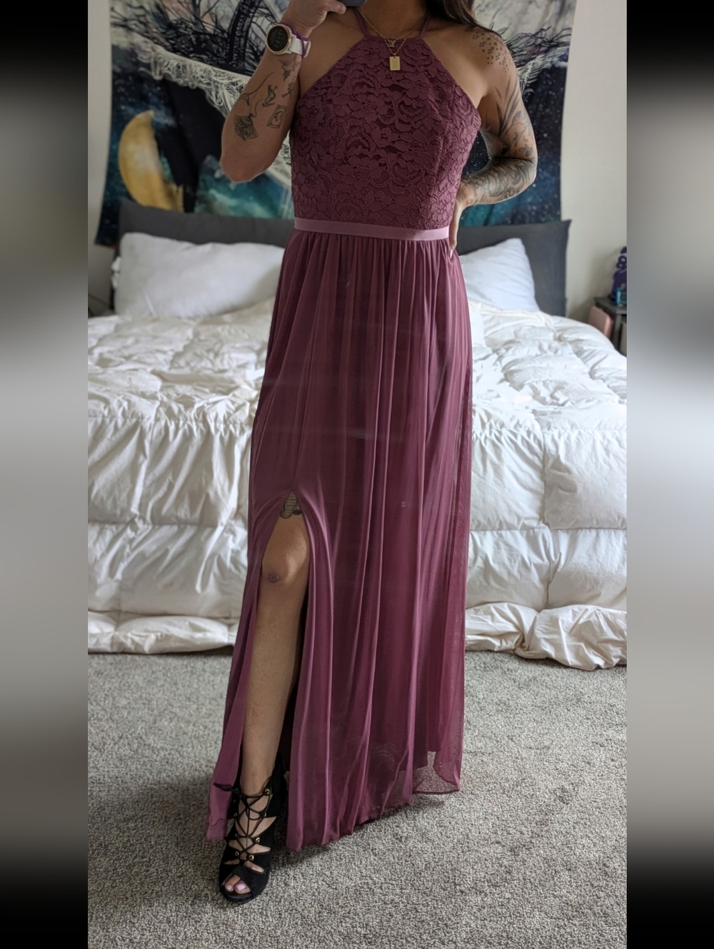 David's Bridal Mauve Cross-Back Maxi Dress